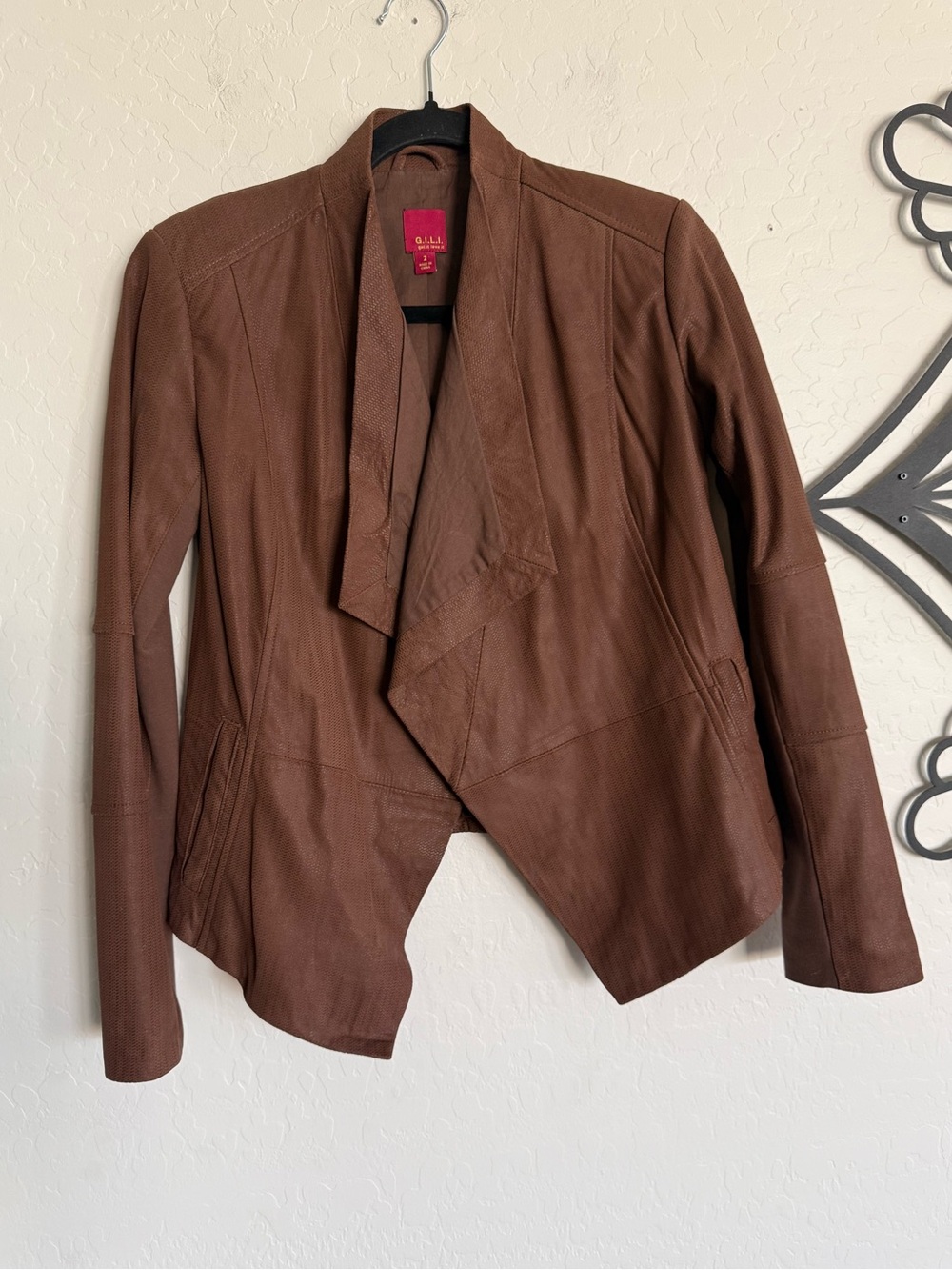 G.I.L.I. Open Front Chocolate Brown Tonal Printed Leather Draped Jacket Size 2